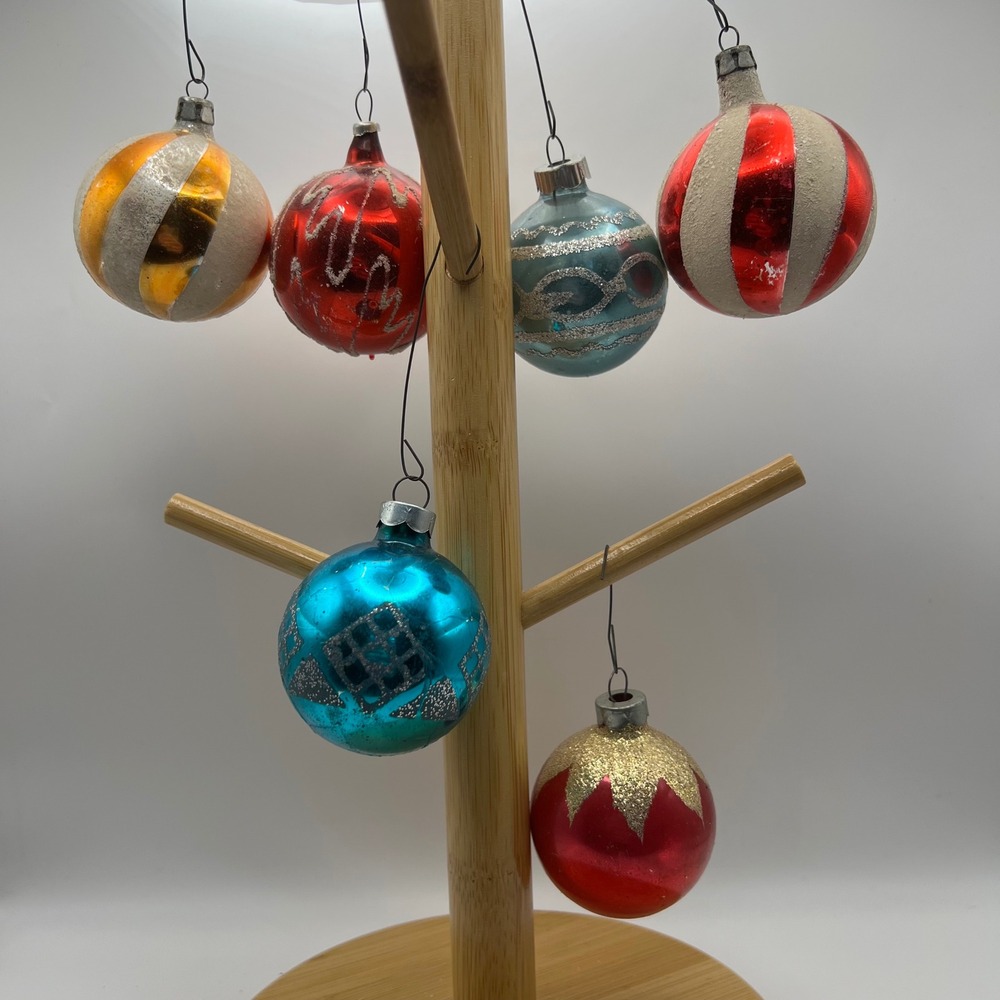 Vintage Christmas Ornaments Lot of 6 50s 60s Flocked Shiny Kitsch Retro As Is